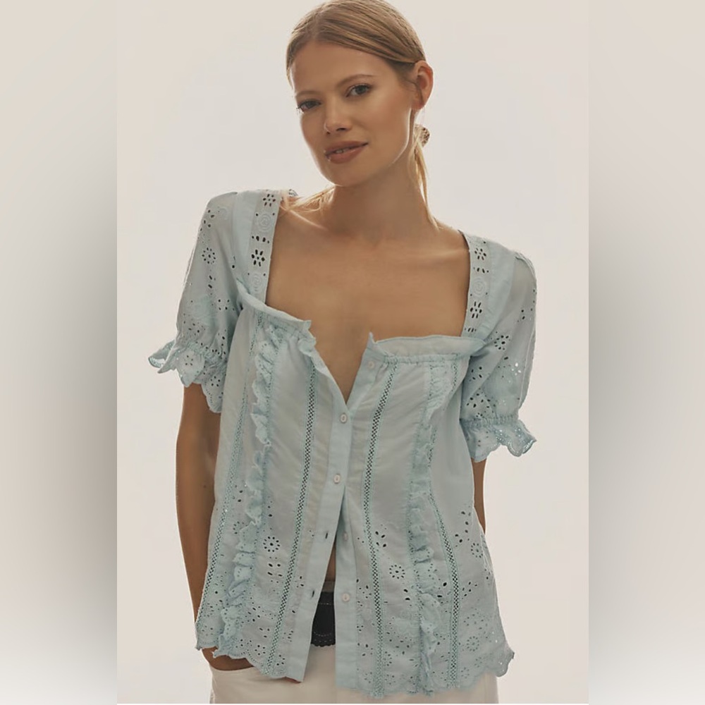 By Anthropologie Puff-Sleeve Eyelet Blouse Top Floral Ruffle Cotton XS